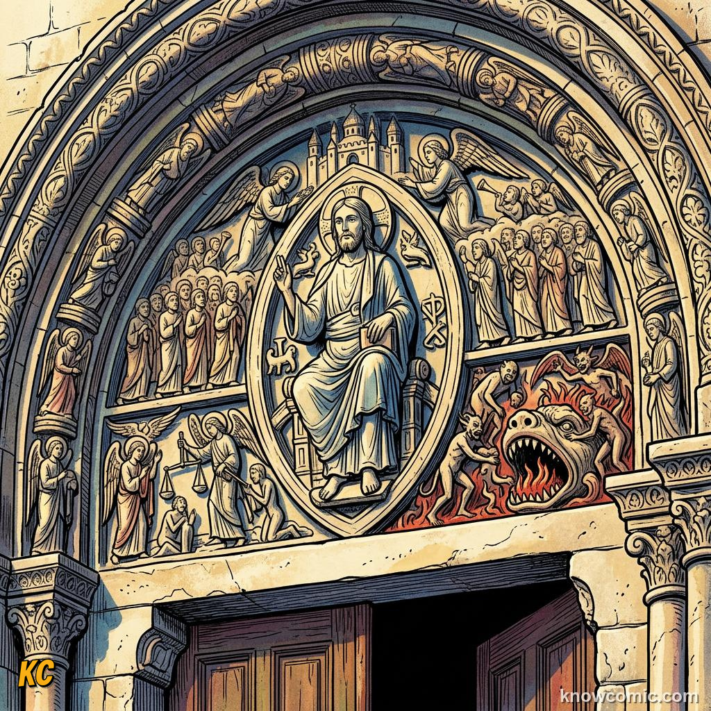 Close-up of a carved Romanesque tympanum showing the Last Judgment with angels and figures