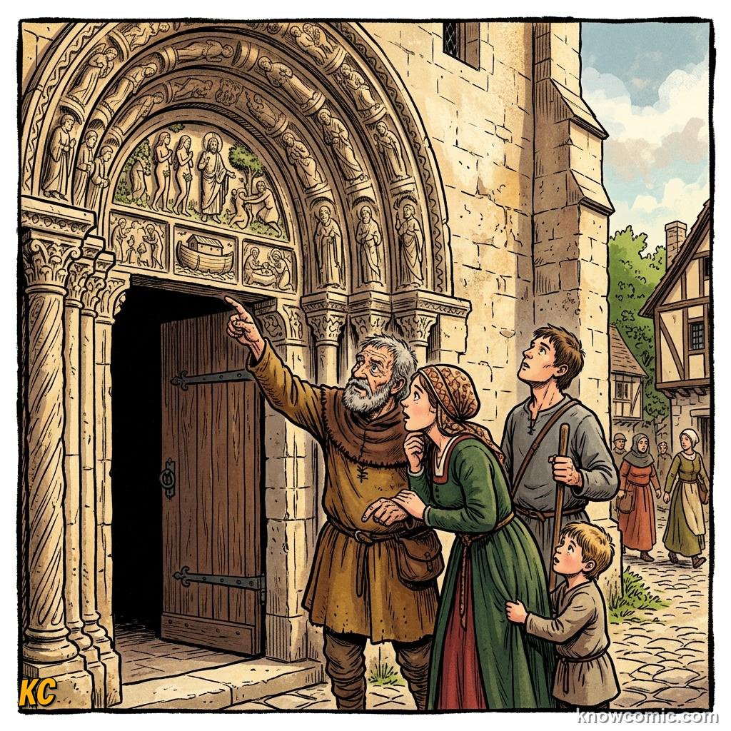 Medieval villagers gathered at a church doorway pointing up at the carved stone Bible scenes