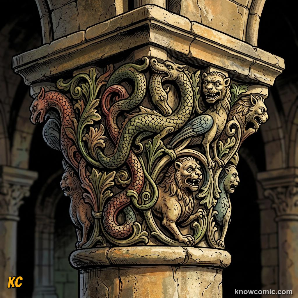 A carved Romanesque column capital covered with twisting dragons and grotesque beasts