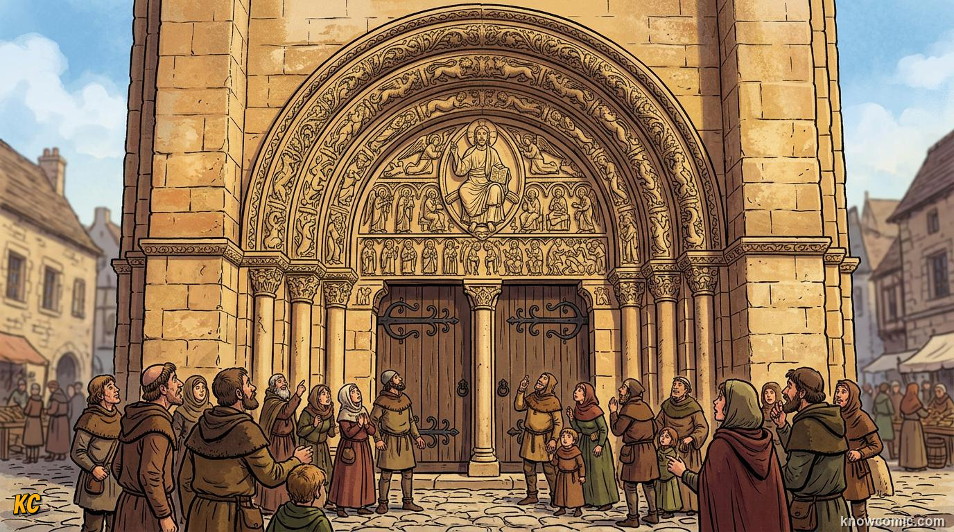 A carved Romanesque church doorway with a half-moon tympanum showing Christ and crowds of villagers looking up at it