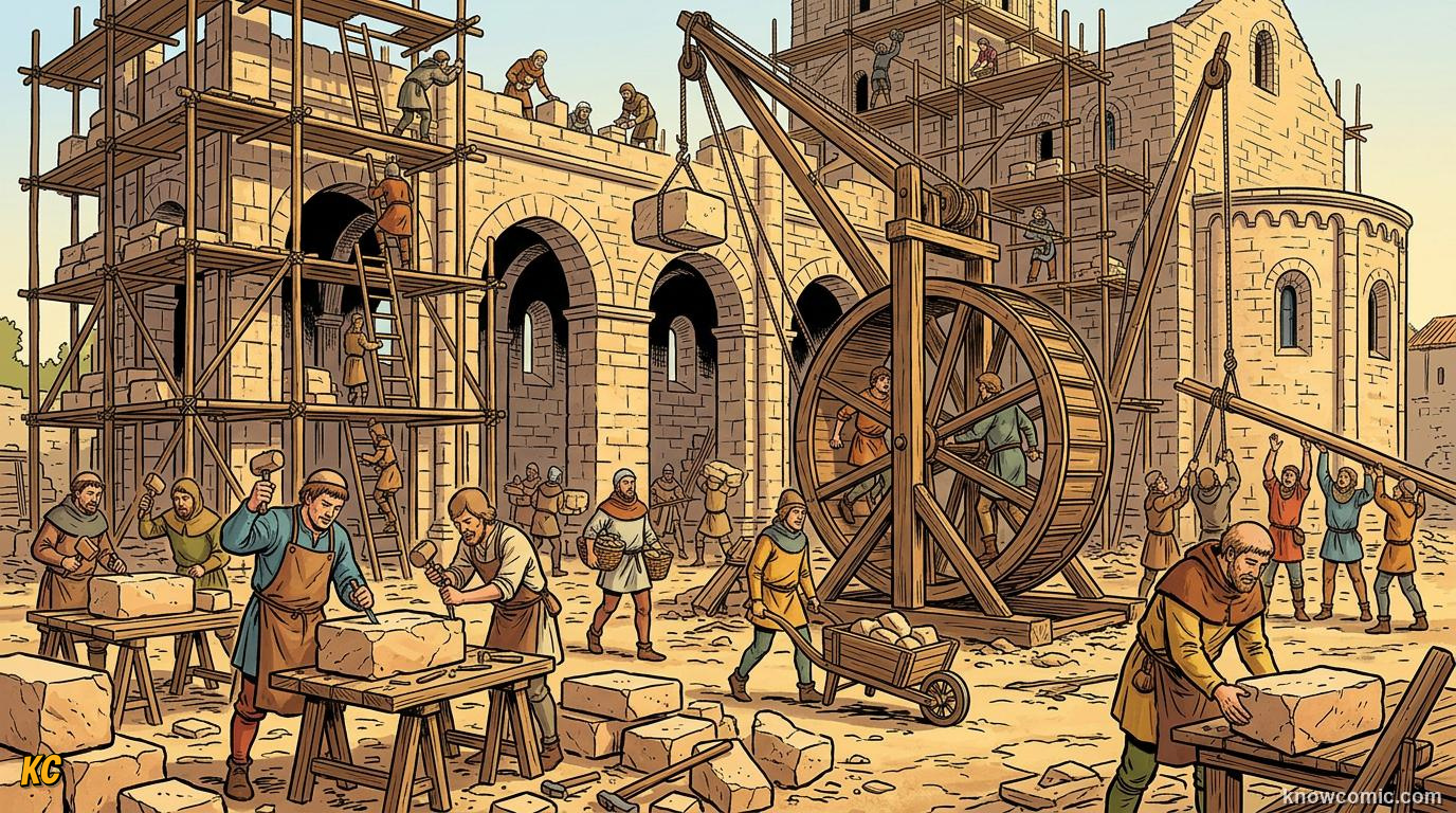 Medieval builders on wooden scaffolding lifting stone blocks with a crane to build round arches