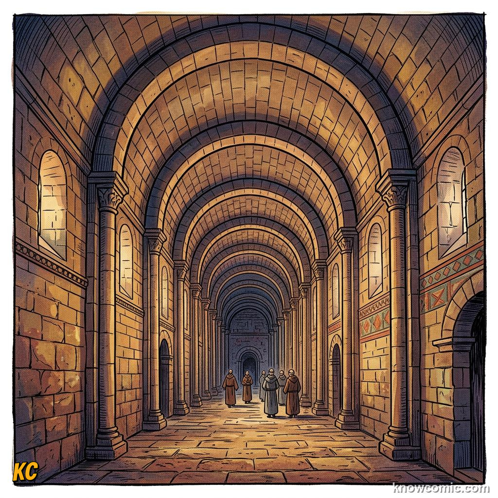 A long curved Romanesque barrel vault ceiling of stone stretching down a church like a tunnel