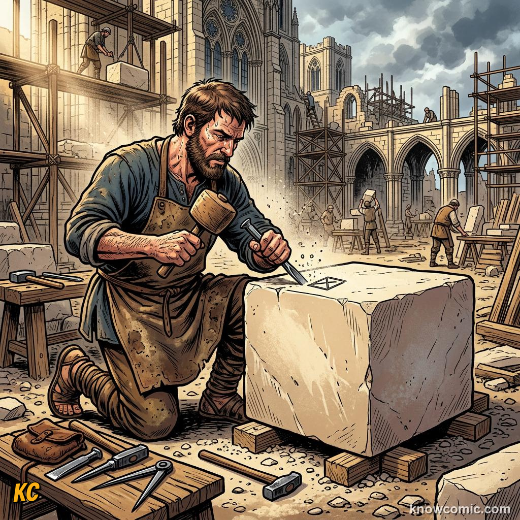 A medieval stonemason carving a small personal mark into a finished block of stone