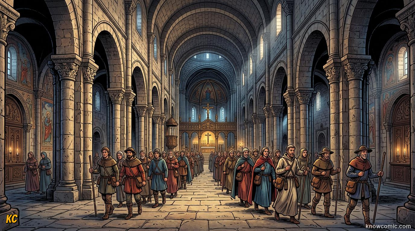 The interior of a great Romanesque pilgrimage church with rows of round arches and pilgrims walking down the aisle