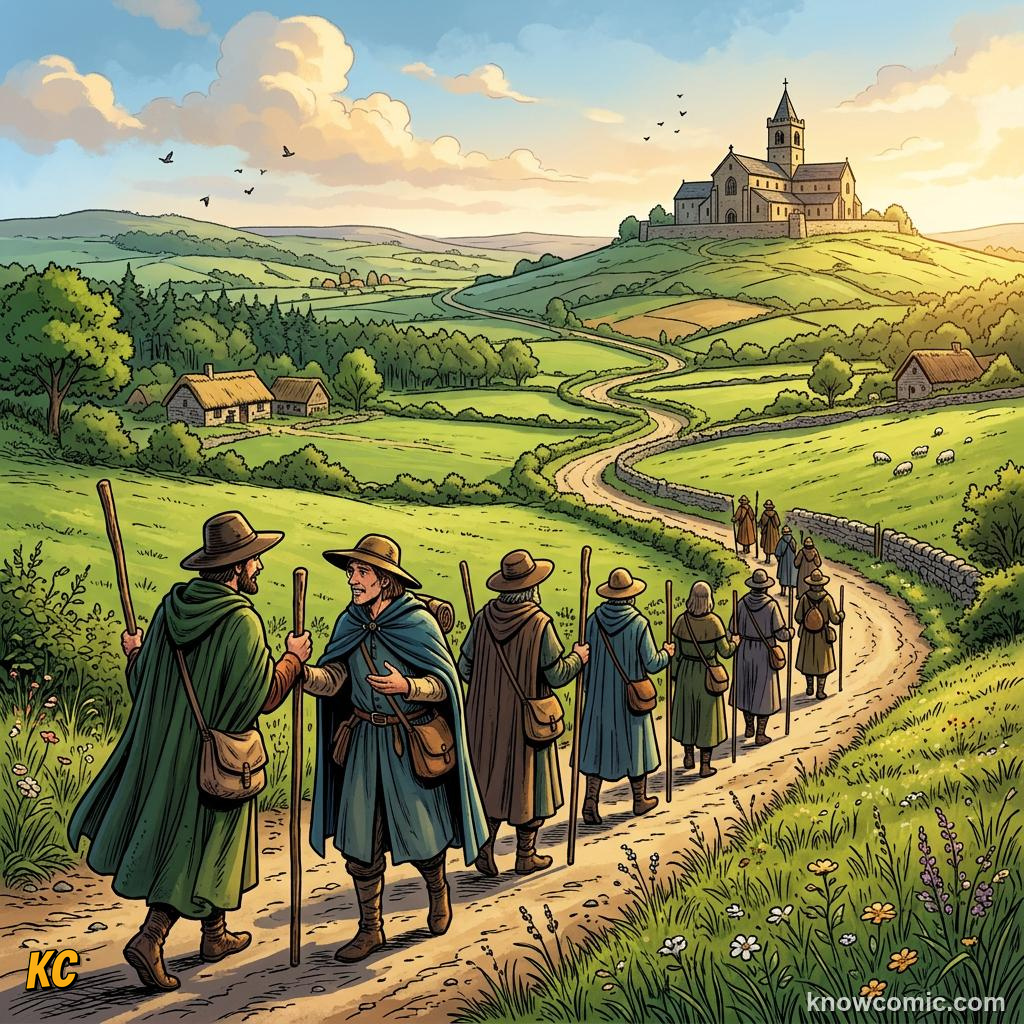 A line of medieval pilgrims with walking staffs and hats travelling a road toward a distant church