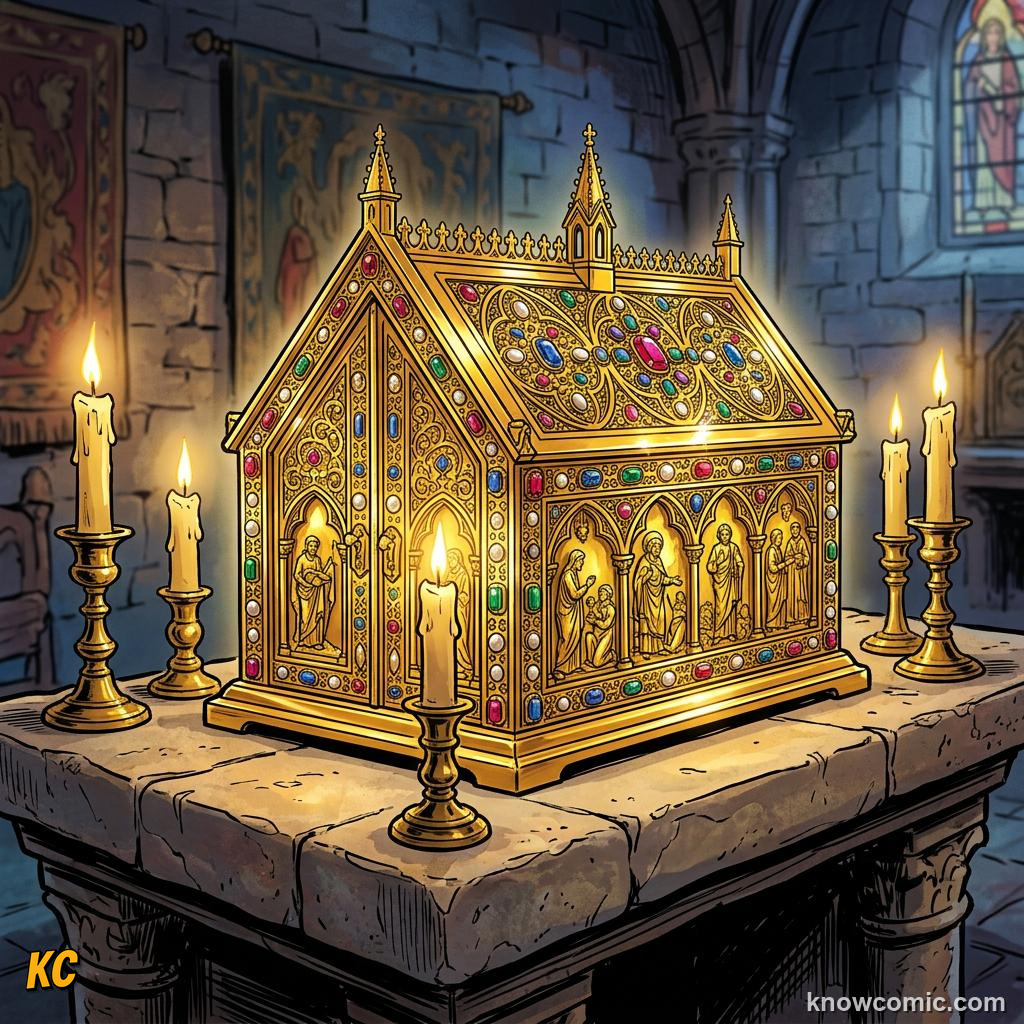 A jewelled golden reliquary shaped like a small shrine glowing on an altar