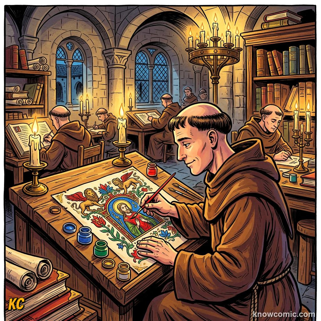 A medieval monk in a monastery carefully painting a colourful illustrated manuscript