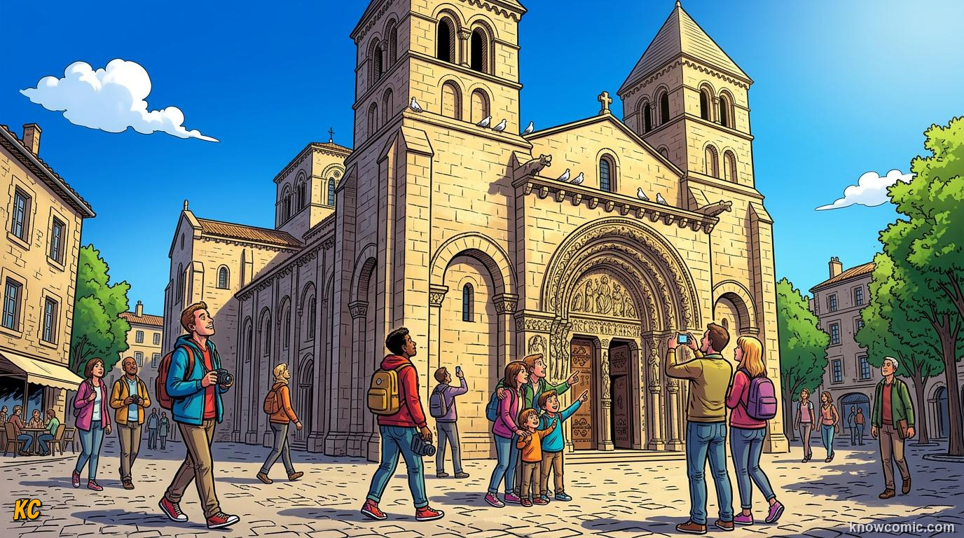 Modern visitors admiring a beautifully preserved Romanesque church with round arches and carved doorway