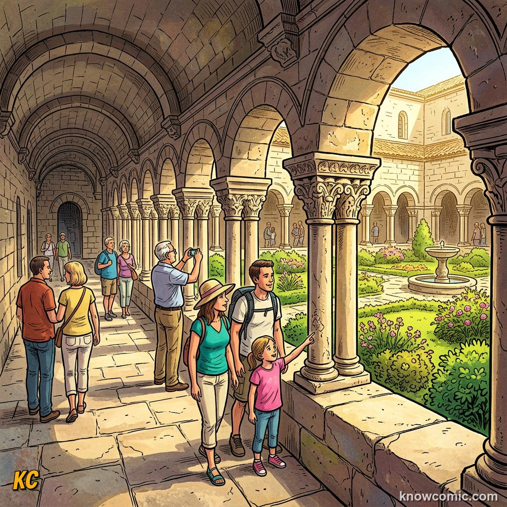 Tourists exploring the round arches and cloister of an old Romanesque cathedral