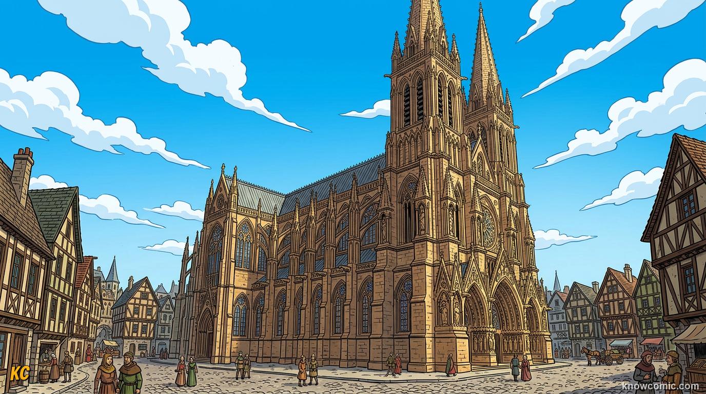 A soaring Gothic cathedral with tall pointed arches and high spires reaching up toward the sky