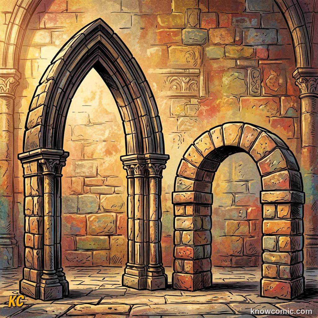 A tall pointed Gothic stone arch compared with the lower rounded shape it replaced