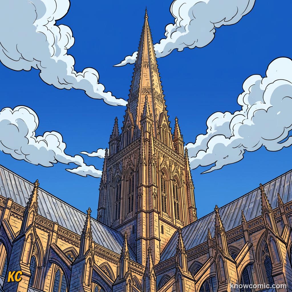 A tall slender Gothic spire pointing high into the sky above a cathedral roof