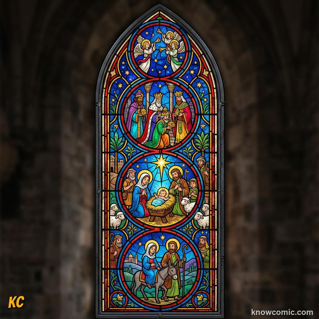 A close-up of a stained glass window panel showing a colourful Bible scene made of many glass pieces
