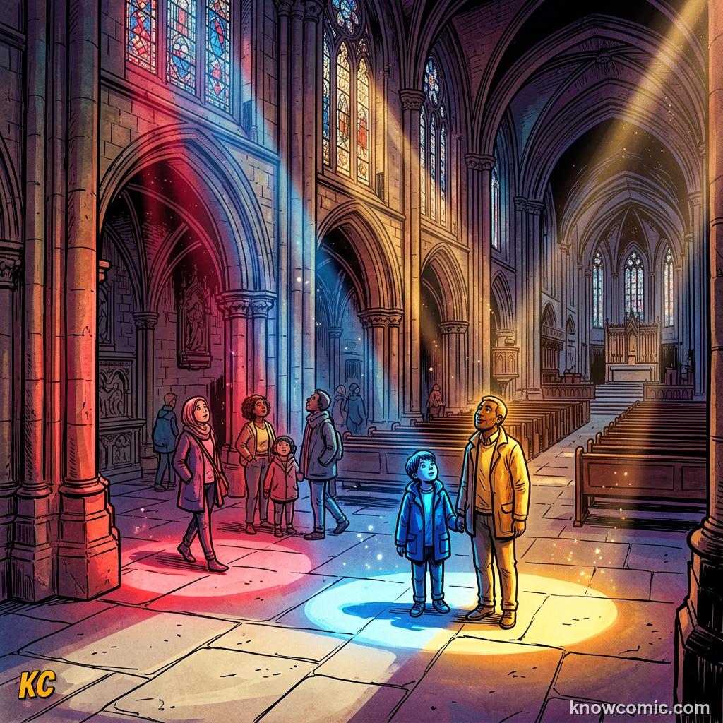Pools of red and blue coloured light falling onto a cathedral floor and the people standing in it
