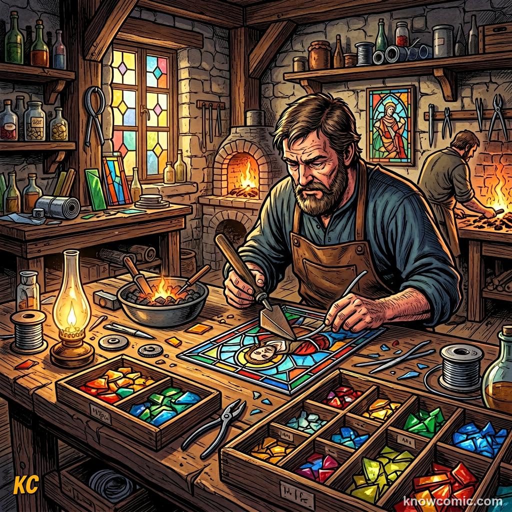 A medieval glassmaker cutting pieces of coloured glass and joining them with strips of lead