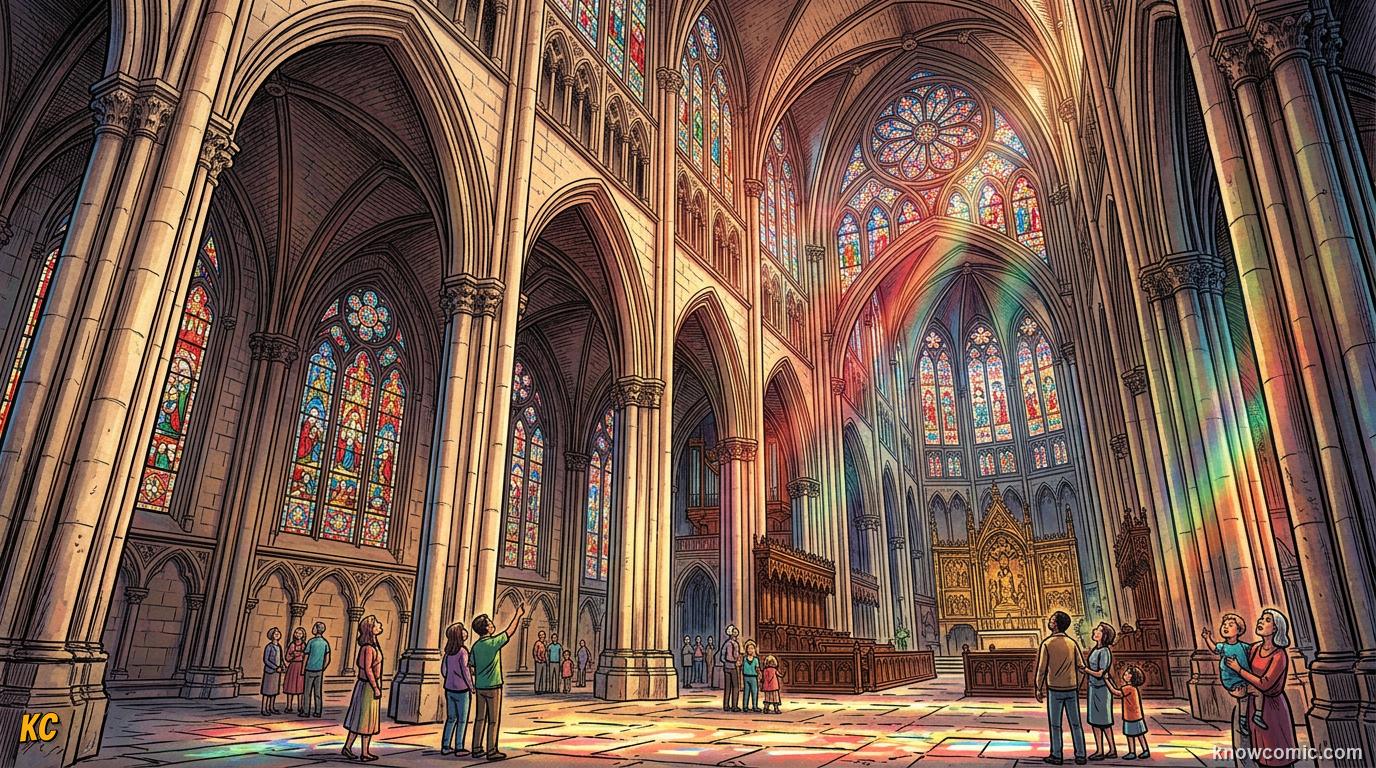 The interior of a Gothic cathedral flooded with red, blue and gold light pouring through enormous stained glass windows