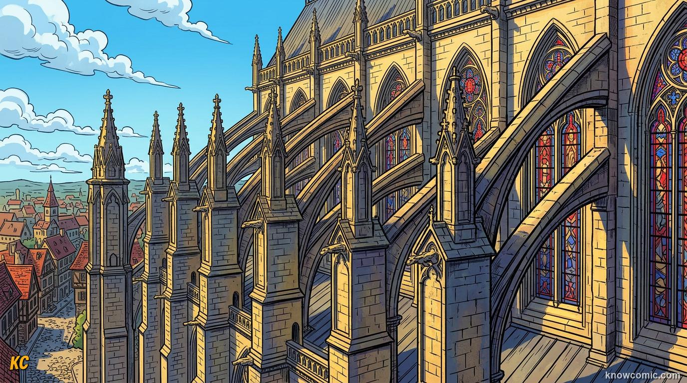 The outside of a Gothic cathedral with rows of curved flying buttresses propping up the high walls