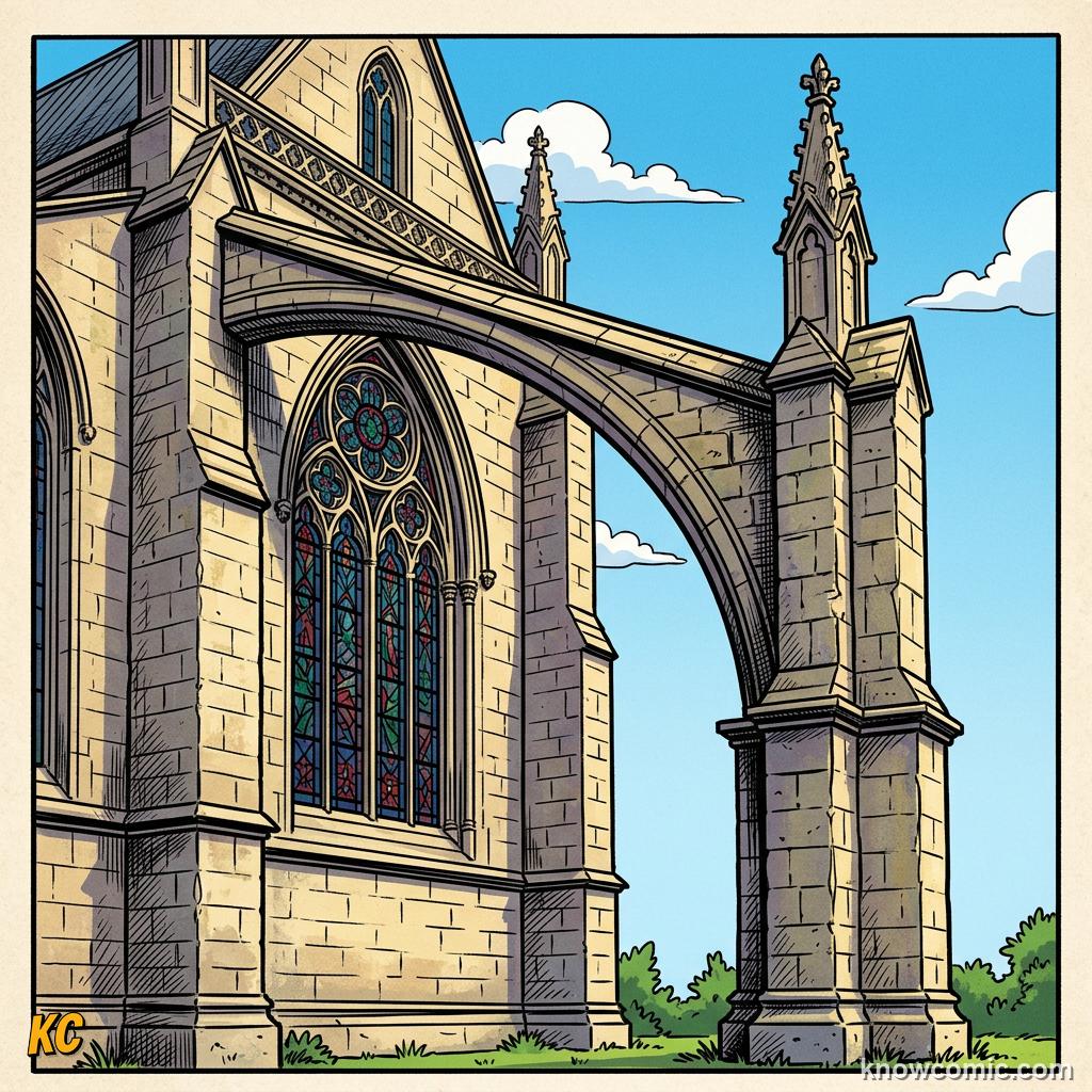 A single Gothic flying buttress, a curved stone arm reaching from a tall pillar to push against a cathedral wall