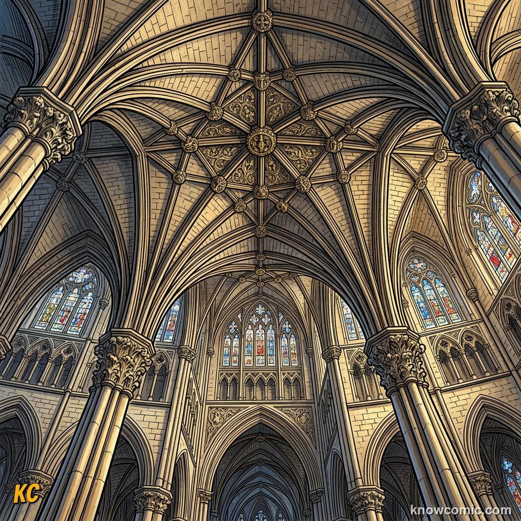 A Gothic rib vault ceiling where pointed stone ribs cross and branch high overhead