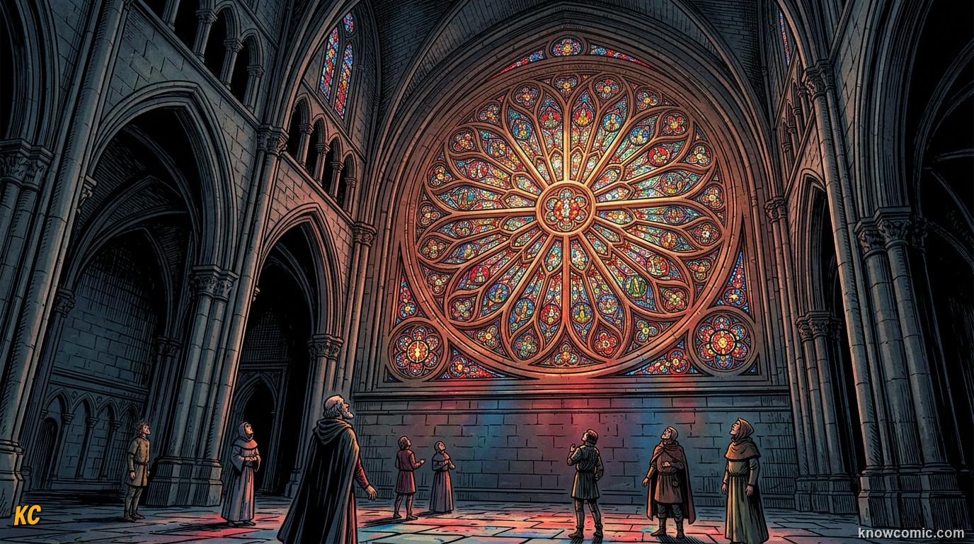 A giant circular Gothic rose window glowing with coloured glass, with people gazing up at it from inside