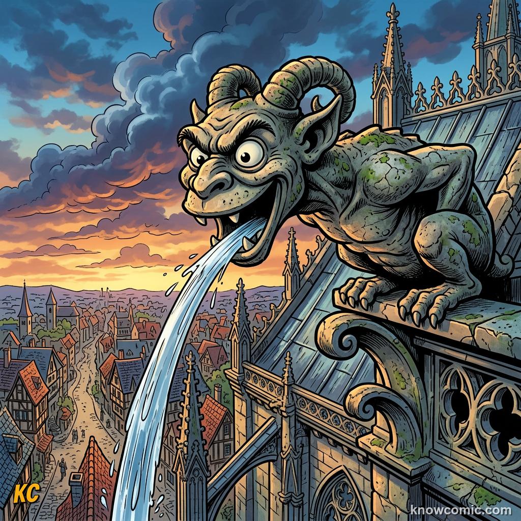 A carved stone gargoyle monster sticking out from the roof of a Gothic cathedral as a rain spout