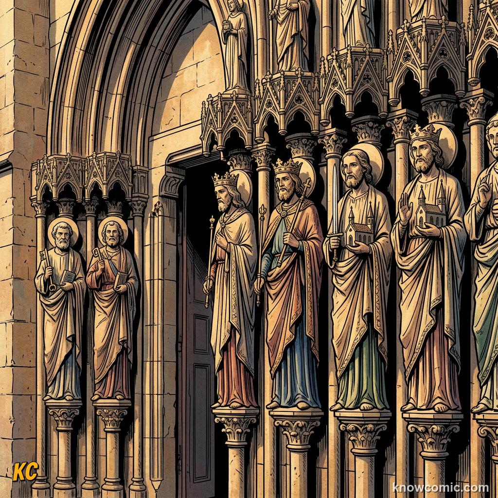 Rows of tall carved stone statues of saints and kings standing around a Gothic cathedral doorway