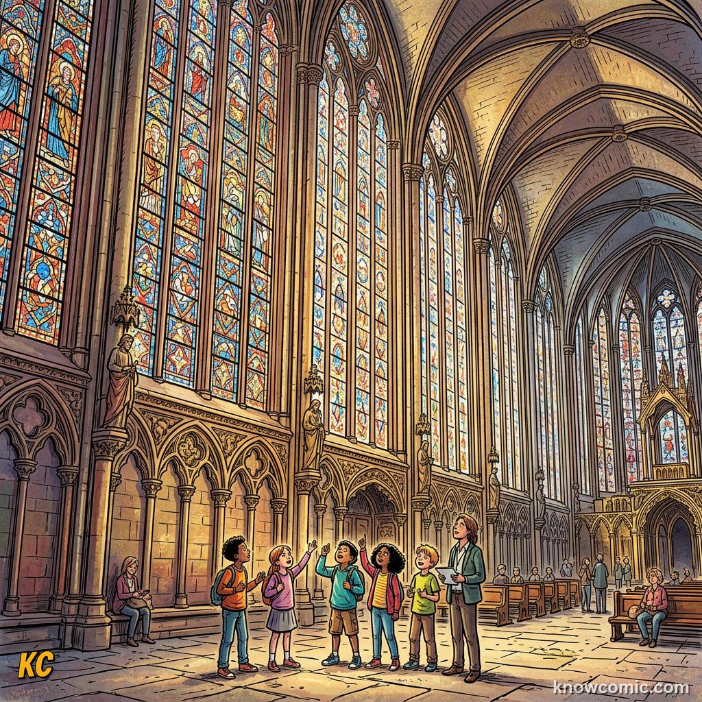 Rows of tall narrow pointed Gothic windows in a thin wall letting light flood inside