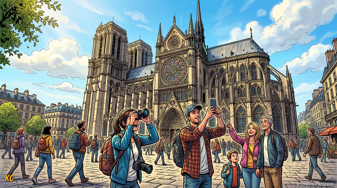 Modern visitors admiring a famous Gothic cathedral with tall spires and glowing rose window today