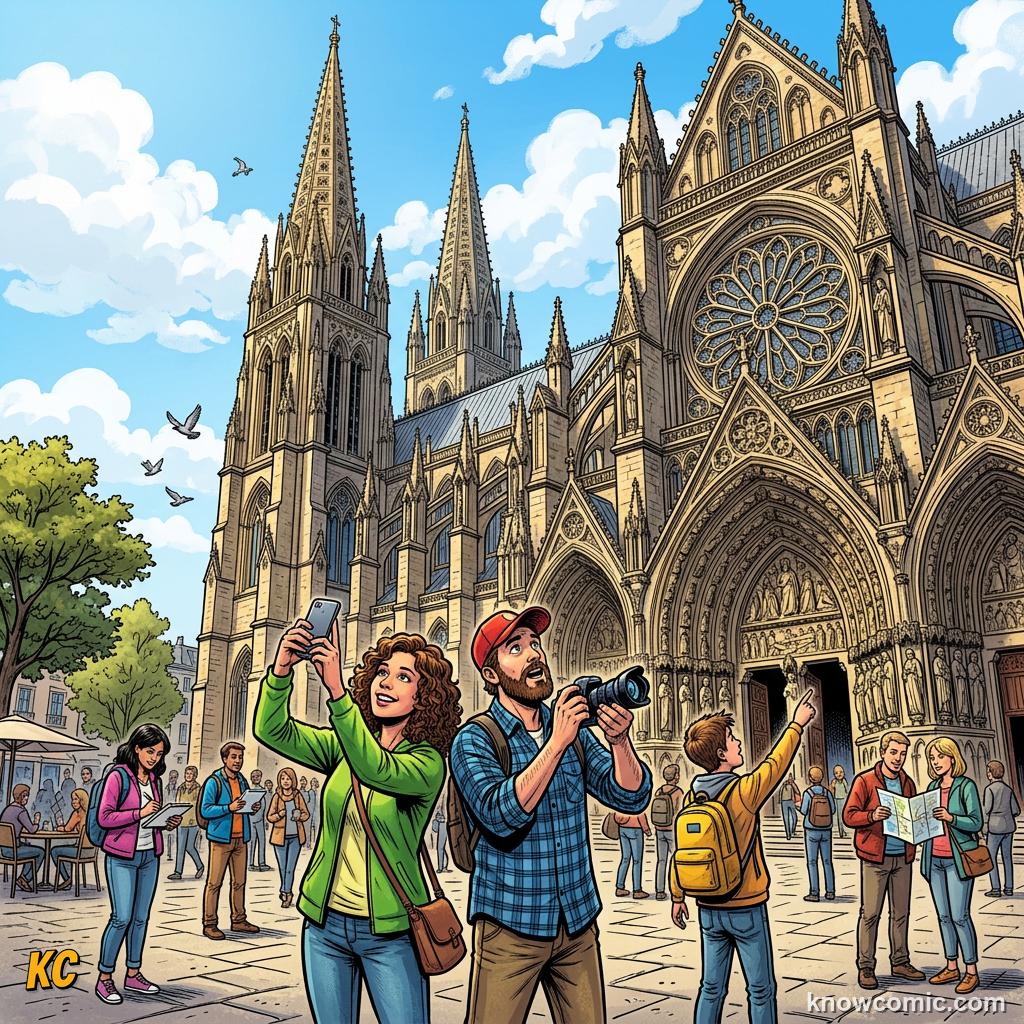 Tourists photographing the tall towers and pointed arches of a famous Gothic cathedral today