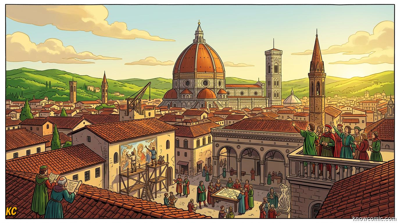 A busy street in Renaissance Florence with artists painting and merchants passing red-roofed buildings