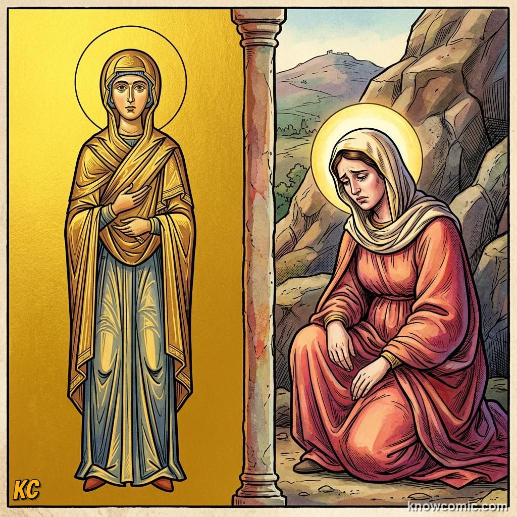 A side-by-side comparison of a flat medieval figure and a rounded Renaissance figure with shadow