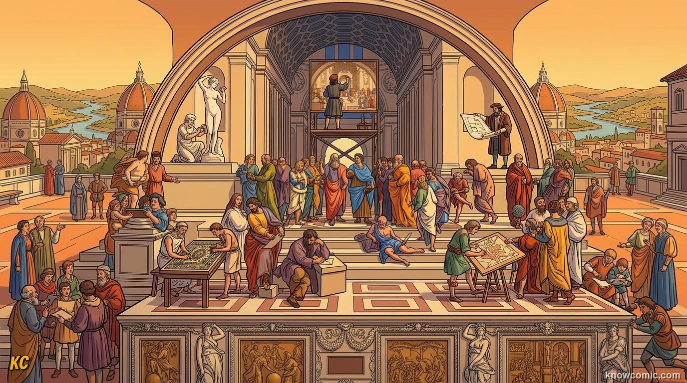 A grand Italian Renaissance studio with artists painting and sculpting masterpieces under golden light