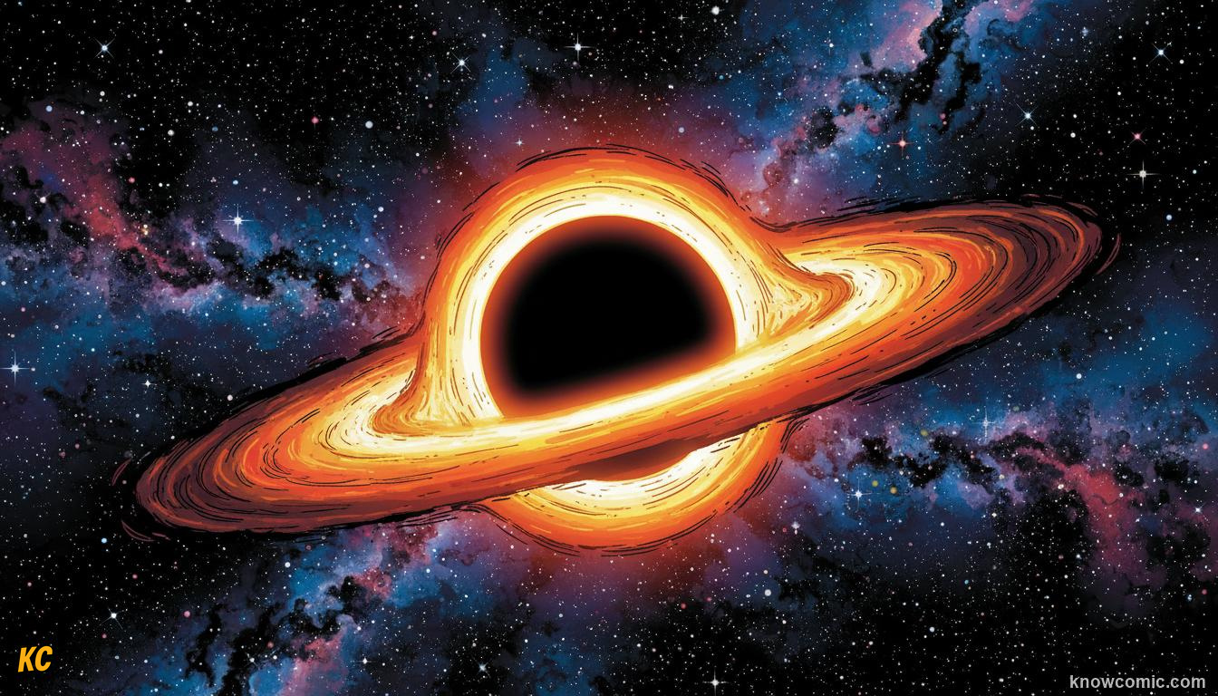 Comic illustration of a black hole event horizon, the boundary beyond which nothing can escape