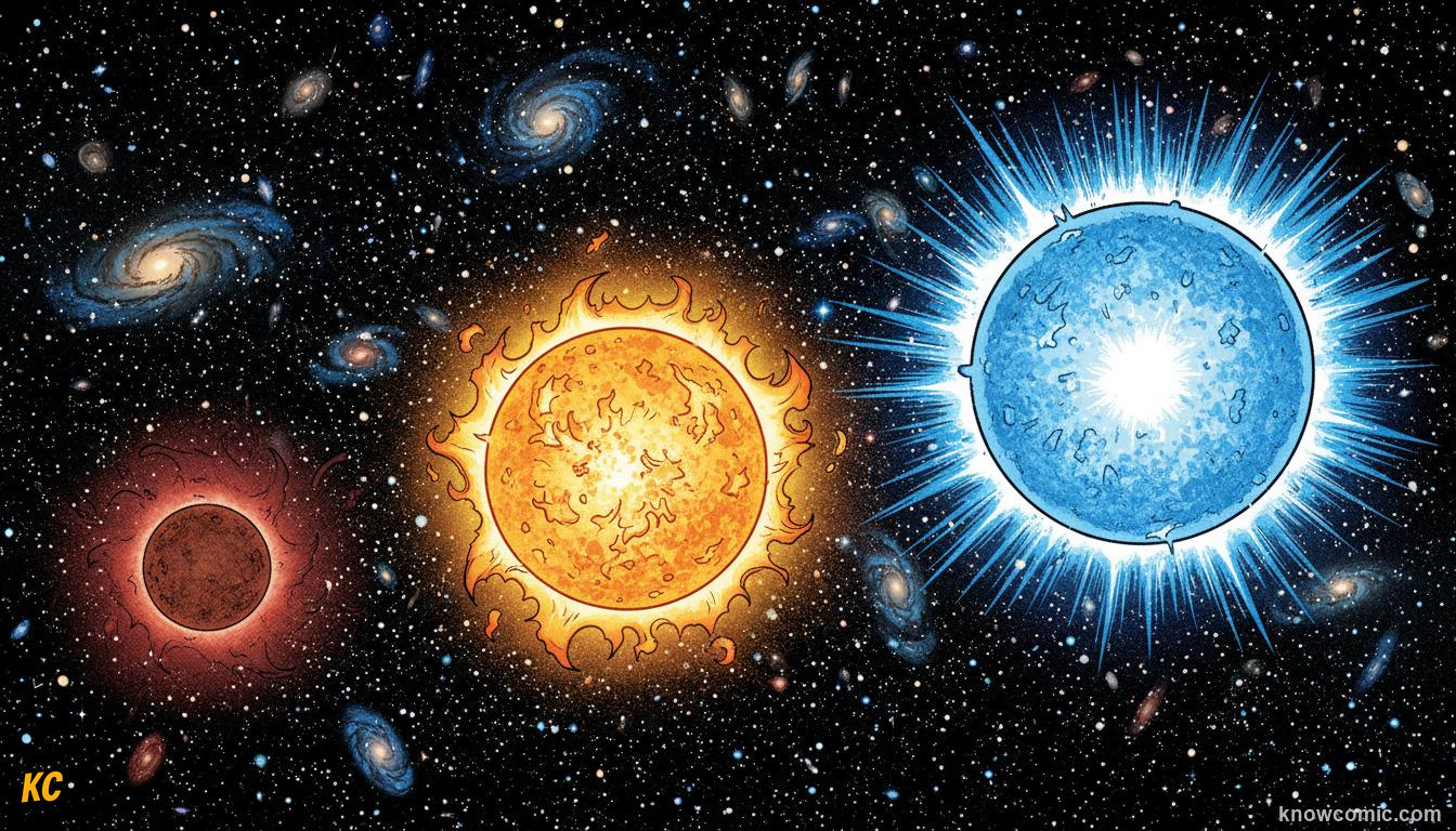 Diagram comparing red dwarf, yellow dwarf, and blue giant stars on the main sequence
