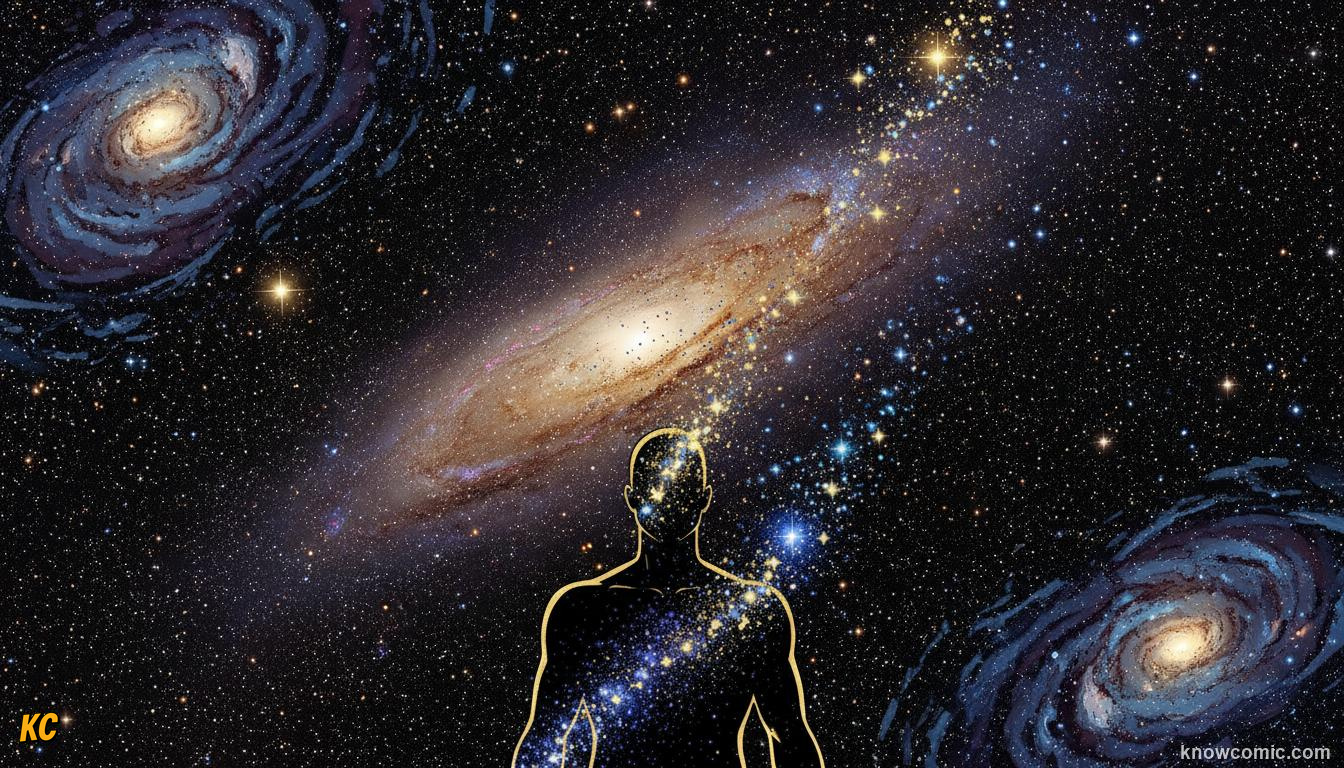 Elements forged in stars drifting through space to form new planets and living things