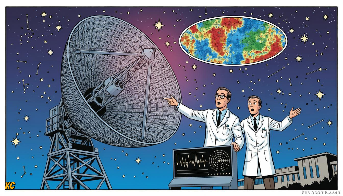 Penzias and Wilson accidentally discovering the Cosmic Microwave Background in 1964 with a radio antenna