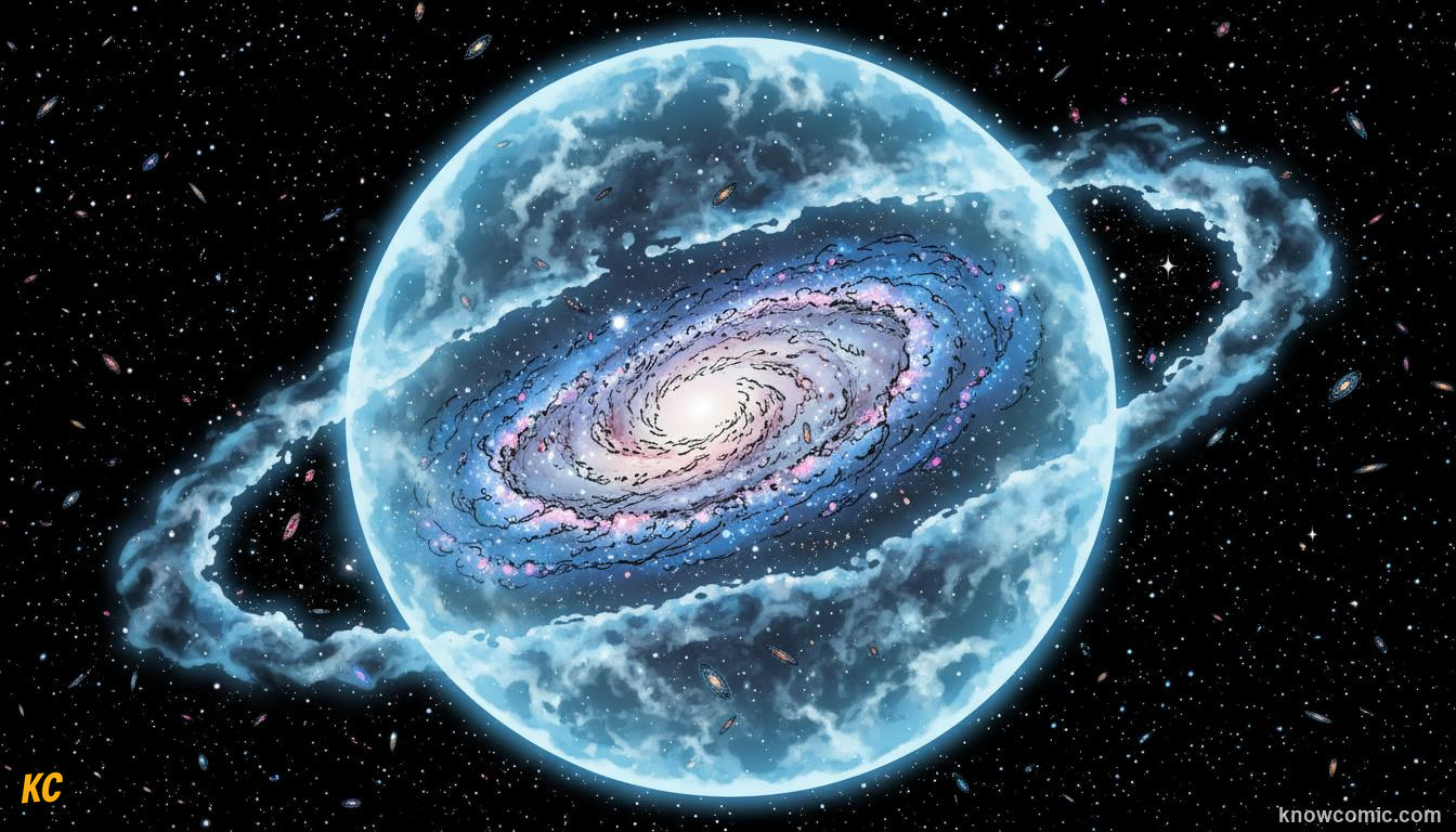 Invisible dark matter scaffold glowing faintly around a galaxy, holding it together with gravity