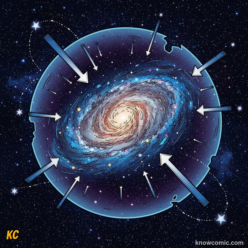 Dark matter gravitational halo surrounding a galaxy providing invisible mass to keep stars in orbit