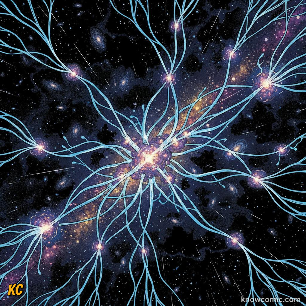 Cosmic web simulation showing dark matter filaments connecting galaxy clusters across the universe