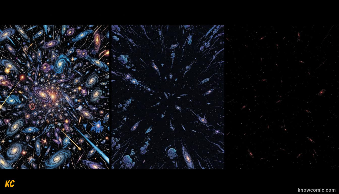 Three possible fates of the universe: Big Freeze, Big Rip, or Big Crunch illustrated side by side