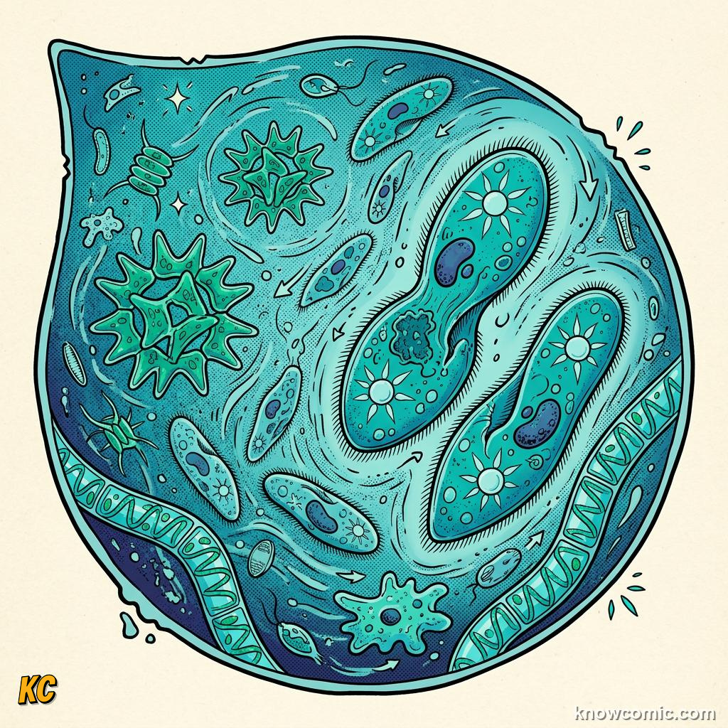 Comic panel about the magic of cells: Cells Power The Living World, Lab Life, educational kids illustration