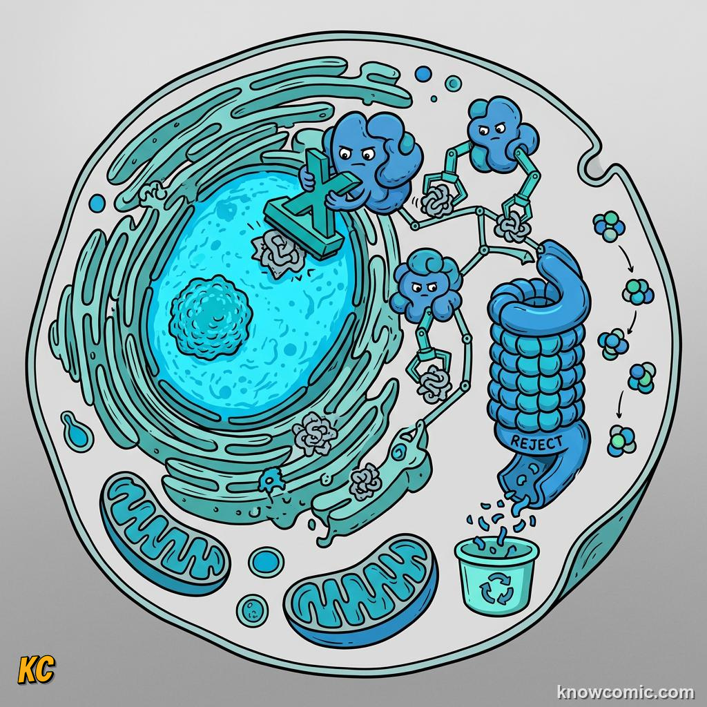 Comic panel about rough er: network: Ribosomes, educational kids illustration