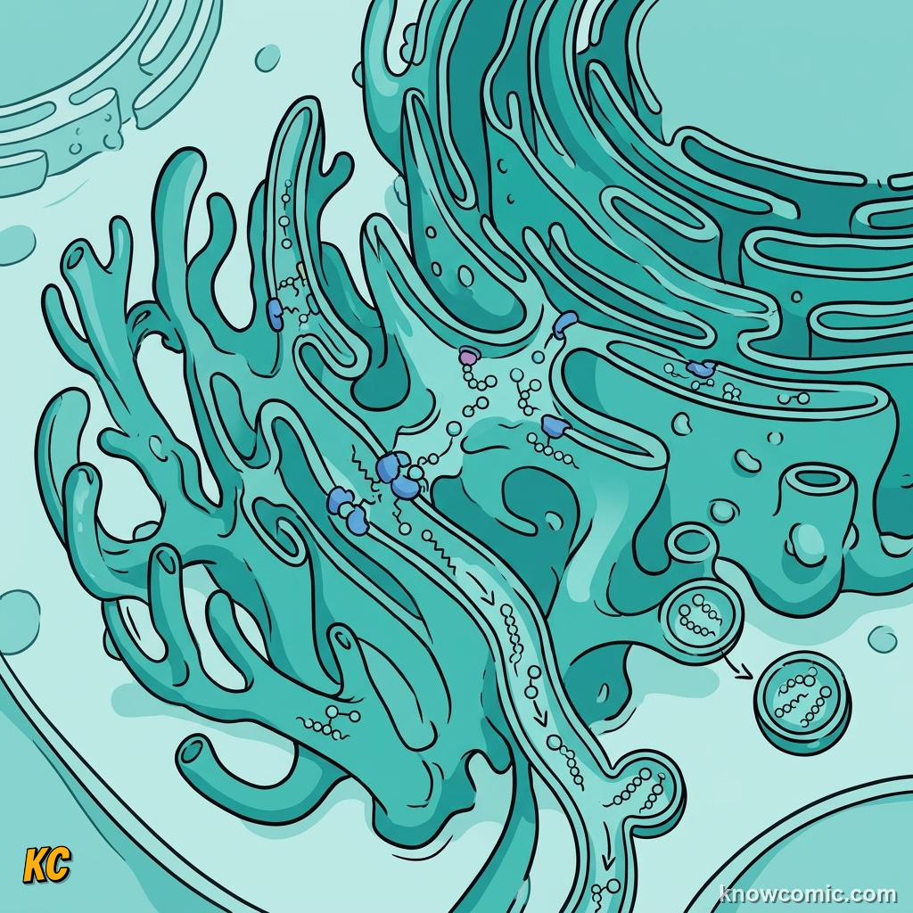 Comic panel about rough er: network: Vesicles, educational kids illustration