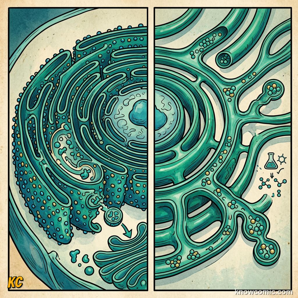 Comic panel about rough er: network: Golgi, educational kids illustration