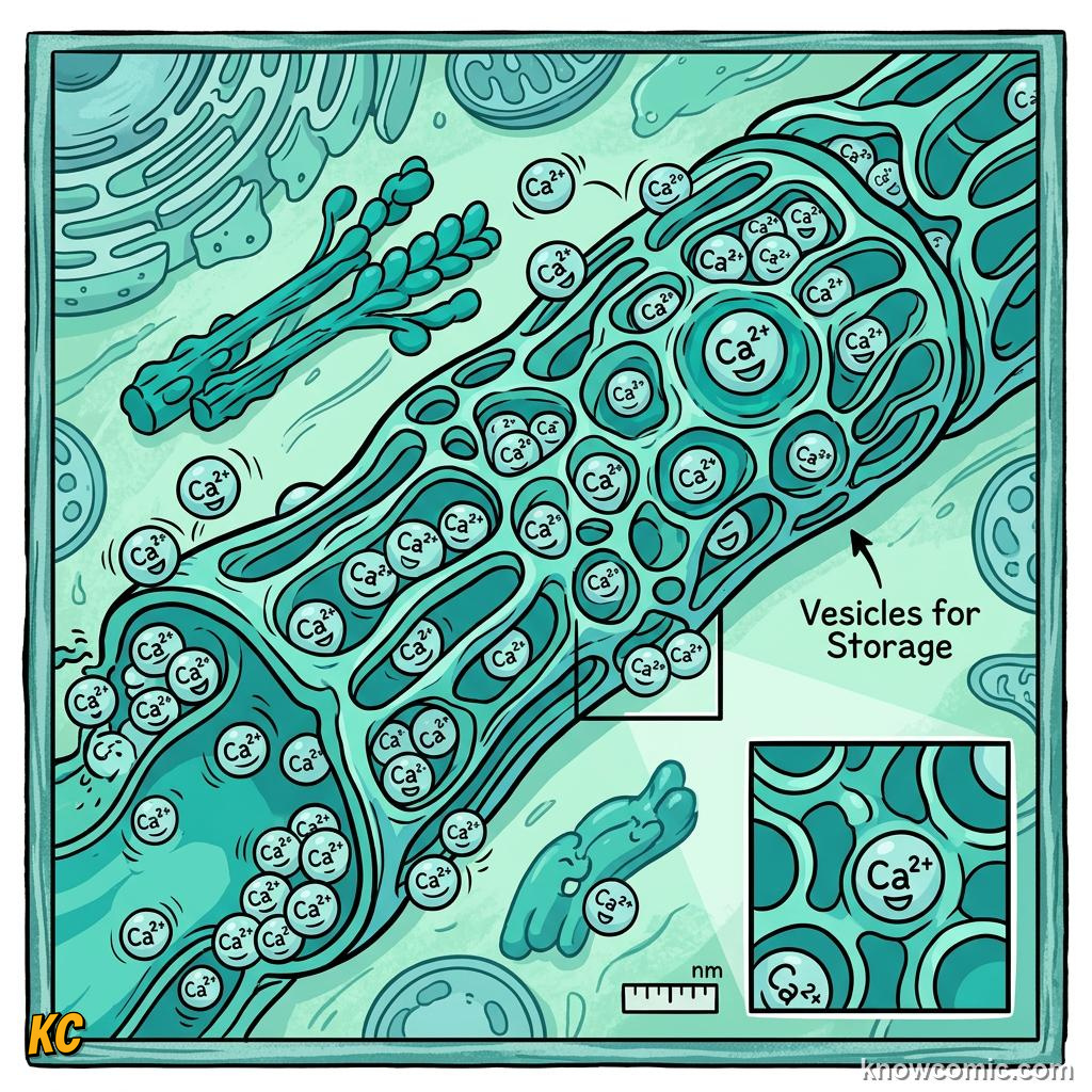 Comic panel about smooth er: liver: Sarcoplasmic Reticulum, Calcium, educational kids illustration