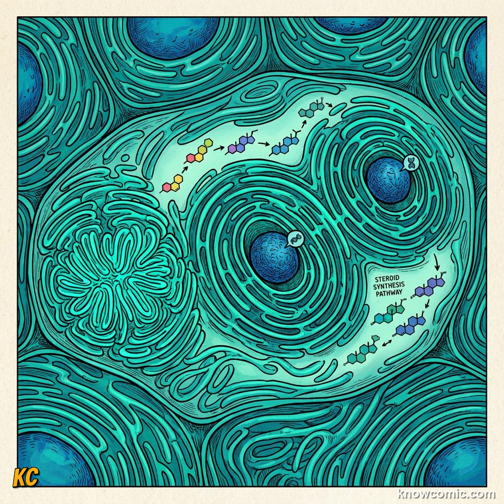 Comic panel about smooth er: liver: Smooth Er Keeps Cells Healthy, Rough Partner, educational kids illustration