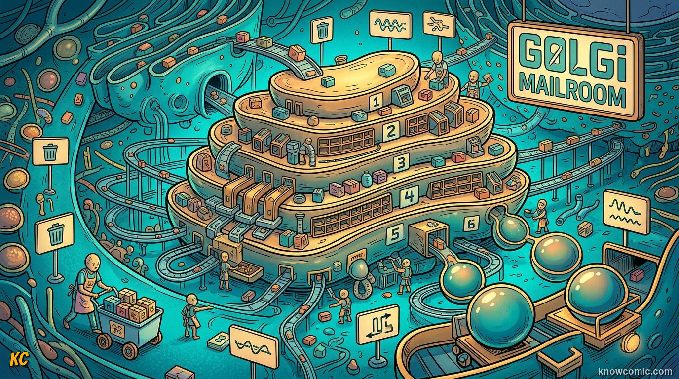 Comic panel about golgi: the mailroom: The Hook, educational kids illustration