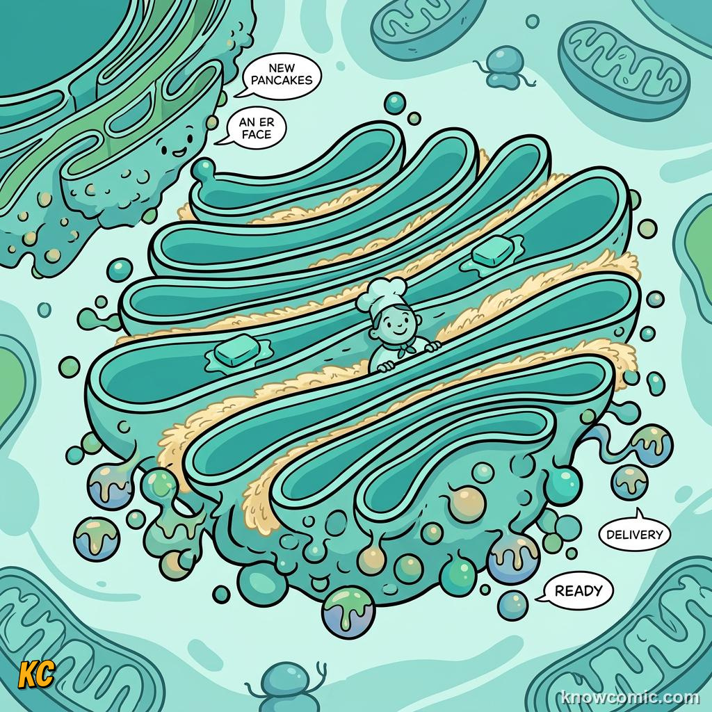 Comic panel about golgi: the mailroom: Stacked Membranes, Big Deliveries, educational kids illustration