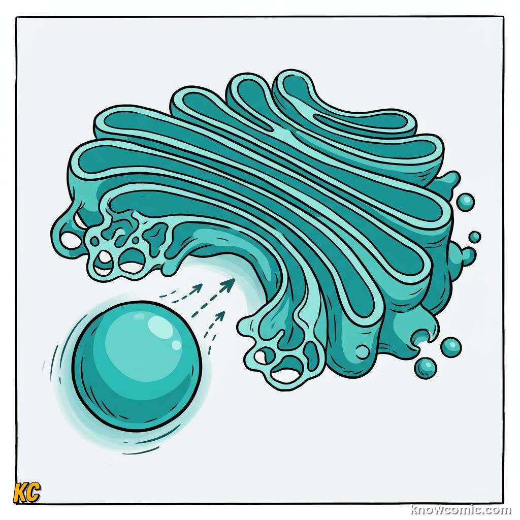 Comic panel about golgi: the mailroom: Vesicles, educational kids illustration