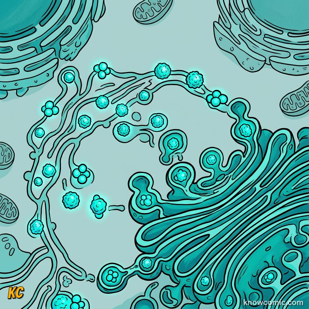 Comic panel about golgi: the mailroom: Receive Here, Ship There, Cis Face, educational kids illustration